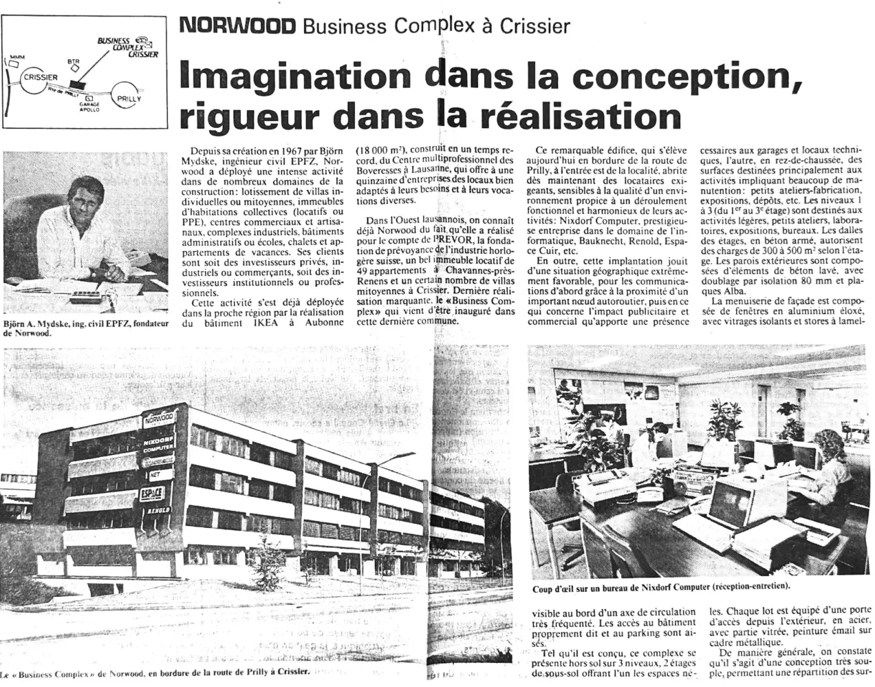 Article de presse ancien présentant Norwood et le Business Complex de Crissier, fondé par Björn Mydske en 1967